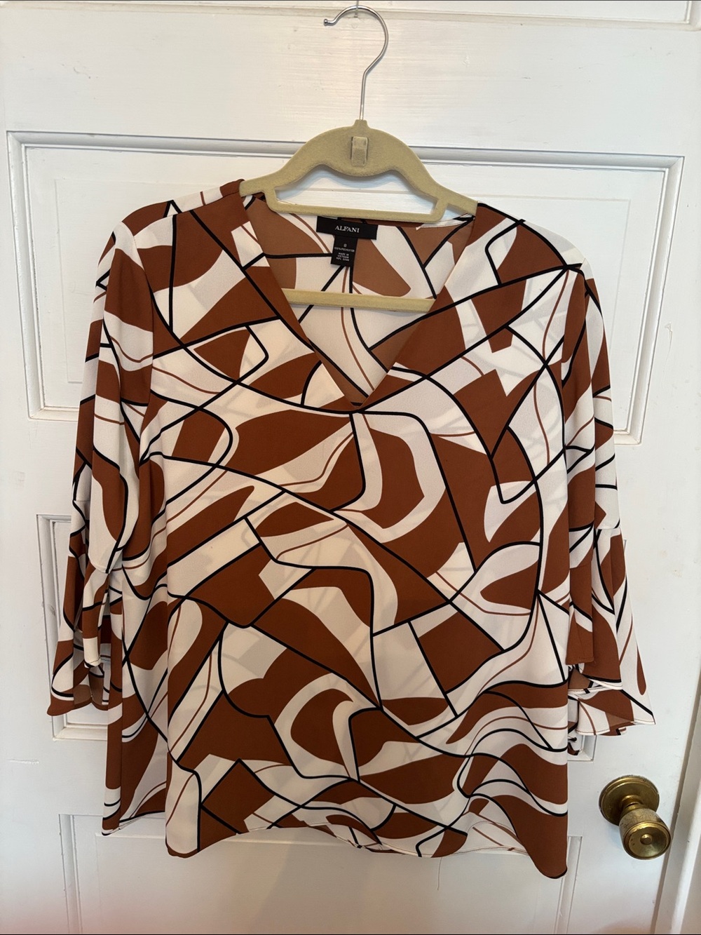 Alfani Brown and Cream Abstract V-Neck Tunic Top